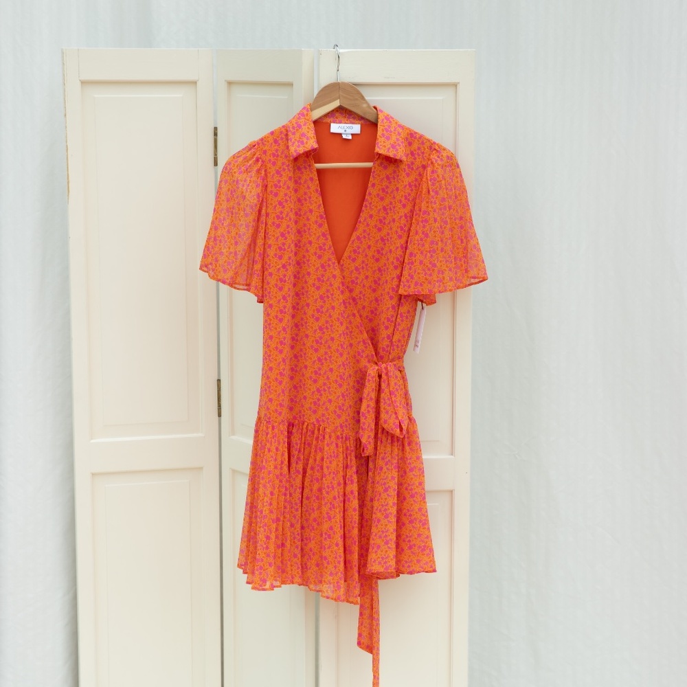 Alexis X Target Wrap Mini Pleated Dress Orange Floral Flower Flutter Sleeve